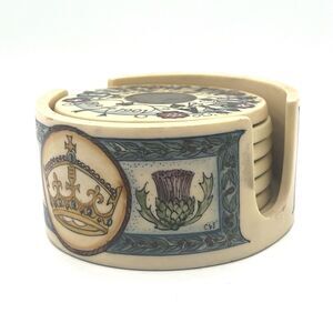 Wallace Crafts UK Royal Coaster Set W/ Inset Coins. 6 Coasters & Holder Covent